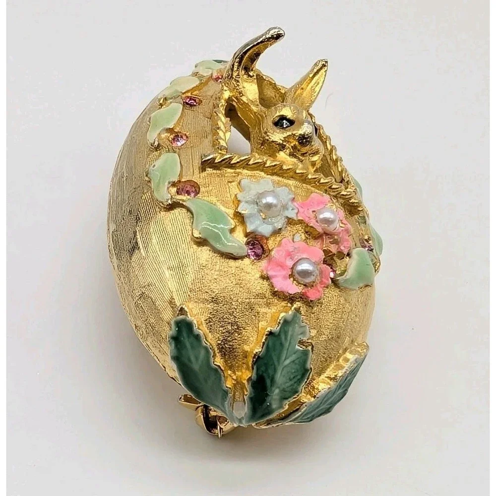 Vtg Mylu Easter Egg Bunny Brooch Pin Rhinestone Enamel Gold Tone
